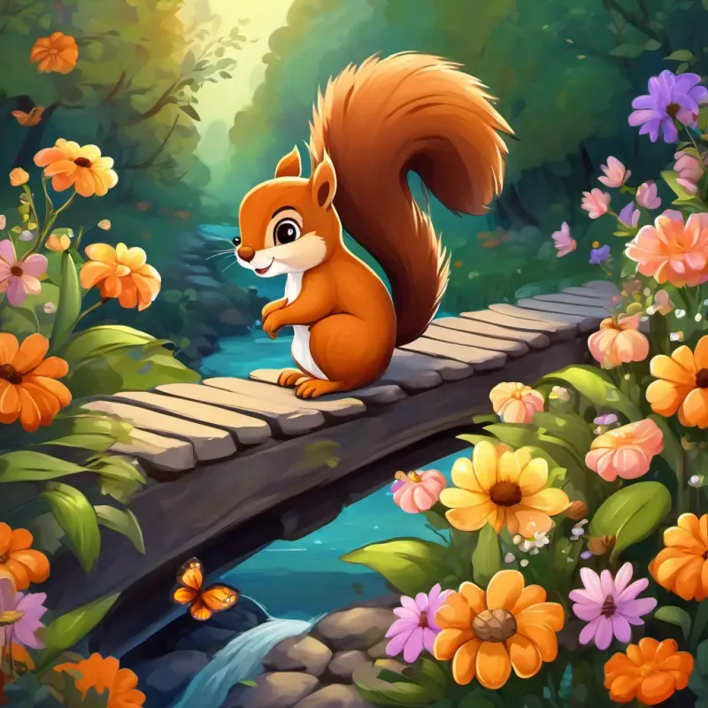 Curly brown hair, big brown eyes, fair skin, cheerful and adventurous and Soft brown fur, bright and twinkling eyes, friendly squirrel companion the squirrel holding hands, crossing a rickety bridge over a small stream surrounded by colorful flowers