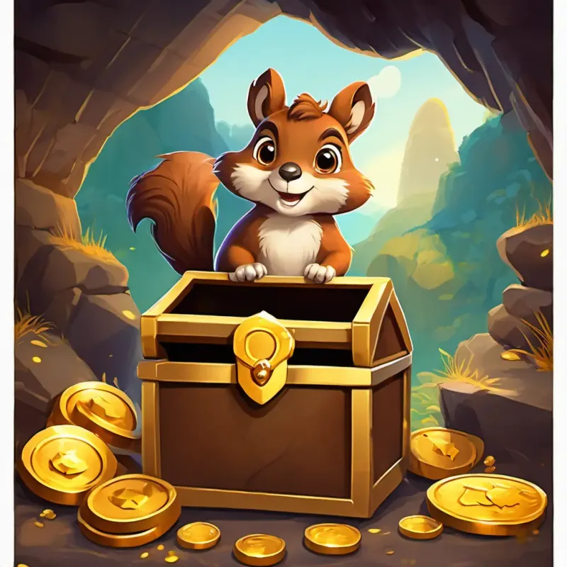 Curly brown hair, big brown eyes, fair skin, cheerful and adventurous and Soft brown fur, bright and twinkling eyes, friendly squirrel companion standing in front of a cave entrance, with a treasure chest inside filled with golden coins