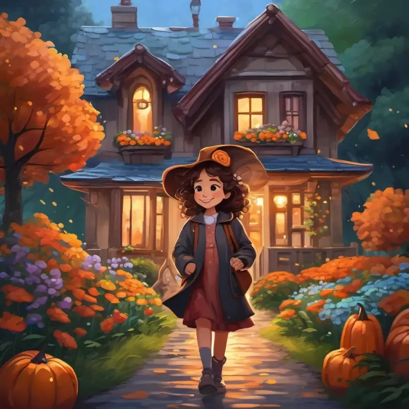 Curly brown hair, big brown eyes, fair skin, cheerful and adventurous walking towards her cozy home with a smile on her face as rain drizzles, surrounded by trees and colorful flowers