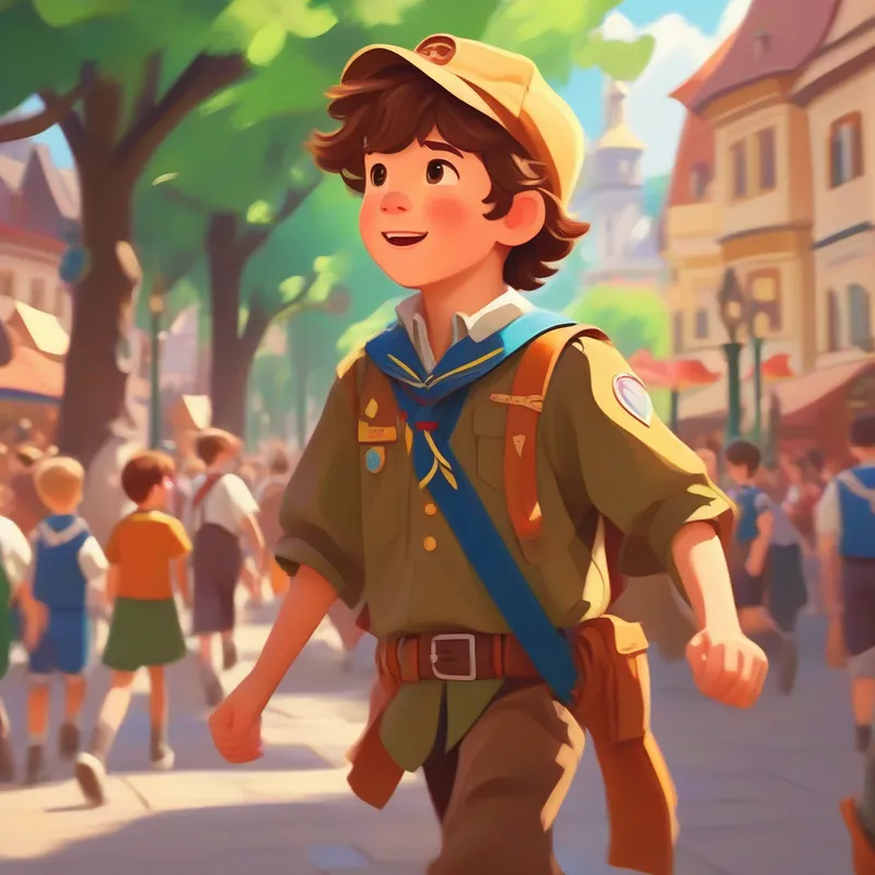 Energetic boy with messy brown hair, wearing a scout uniform at the Pathfinder Fair, a bustling town square