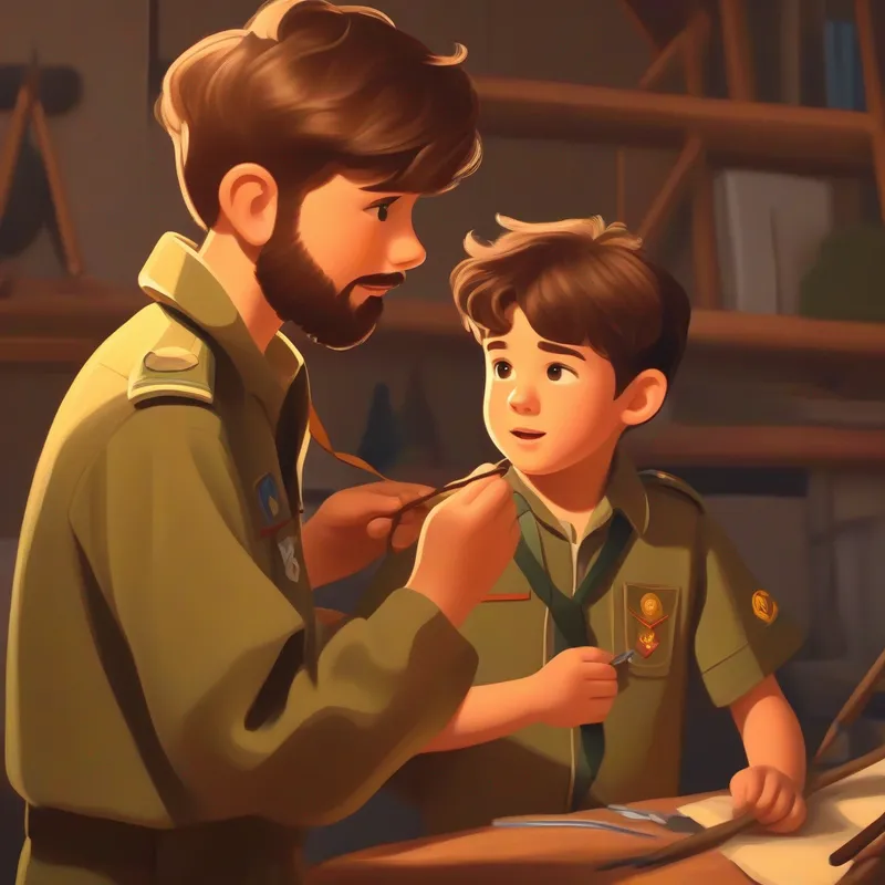 Energetic boy with messy brown hair, wearing a scout uniform learning knot tying with Kind scout leader with a beard, dressed in a khaki uniform, confident and engaged