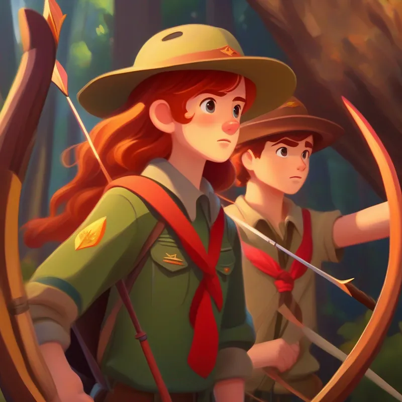 Energetic boy with messy brown hair, wearing a scout uniform practicing archery with Adventurous woman with long red hair, wearing a ranger hat, focused and determined