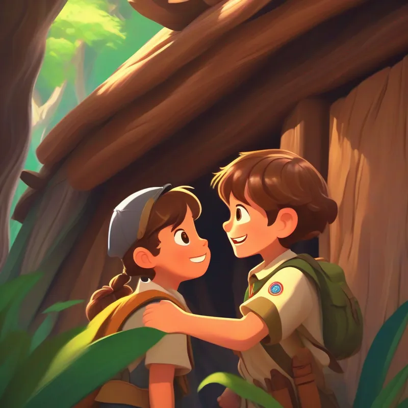 Energetic boy with messy brown hair, wearing a scout uniform building a shelter with Resourceful girl with braided hair, embracing nature, confident and resourceful