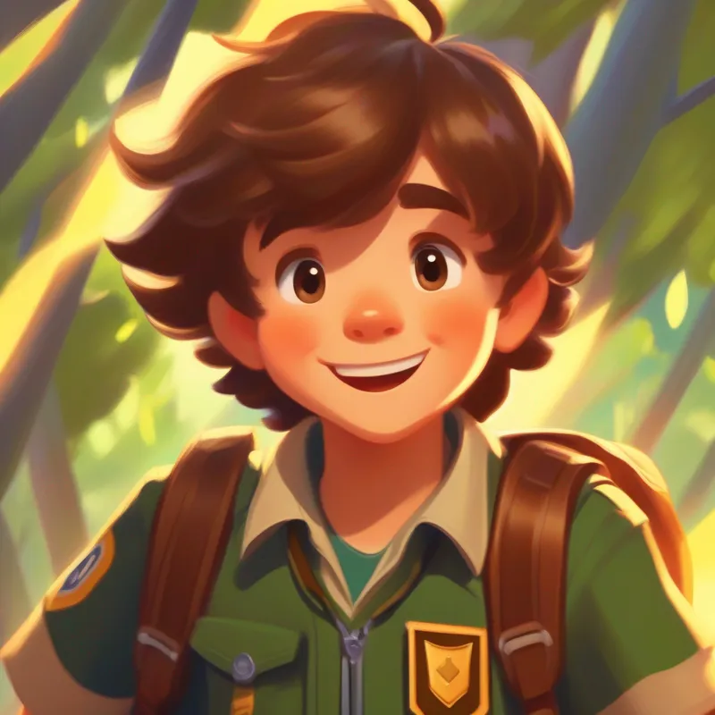 Energetic boy with messy brown hair, wearing a scout uniform receiving a Pathfinding Badge, beaming with confidence