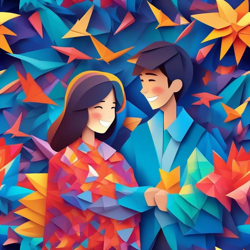 A girl with a kind smile, wearing a colorful dress. covering A boy with a big smile, wearing a blue shirt. with her glowing and warm blanket.
