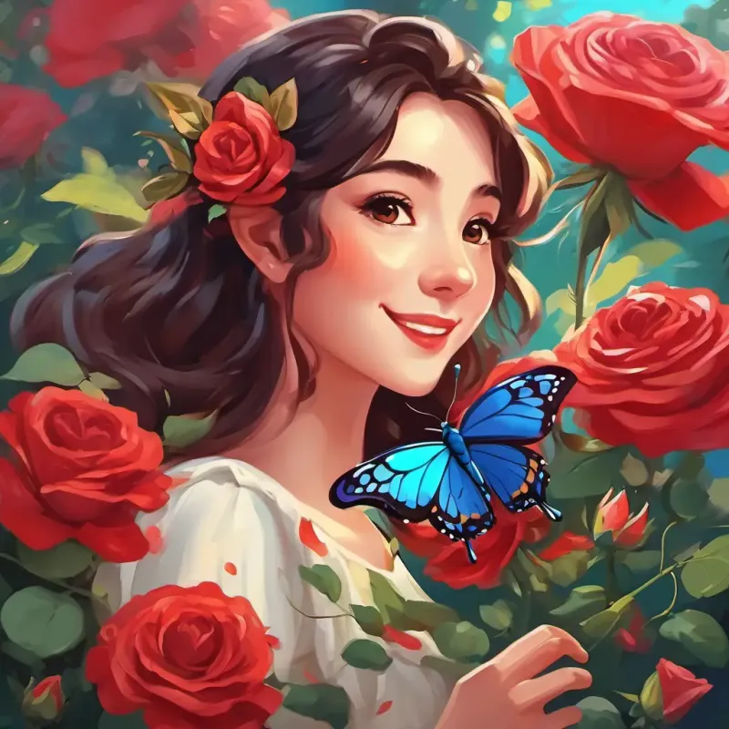 Bella: Lovely butterfly with colorful wings, spreading happiness everywhere she goes fluttering near a big, red rose with a friendly smile
