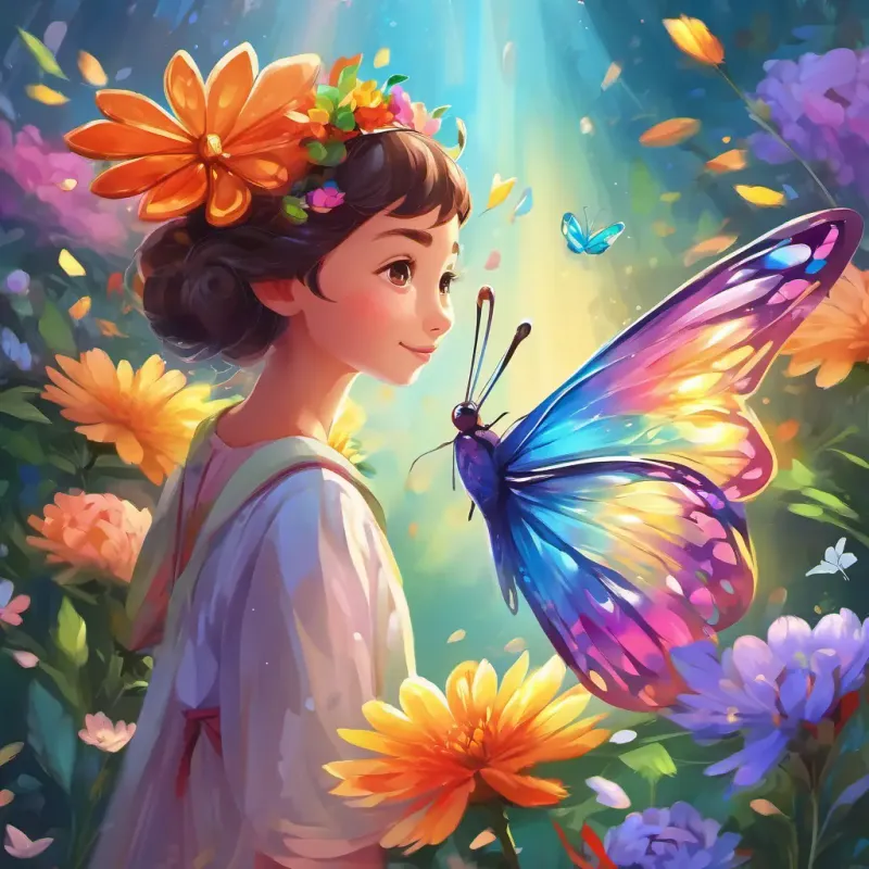 Bella: Lovely butterfly with colorful wings, spreading happiness everywhere she goes flying towards a magical flower with shimmering rainbow petals
