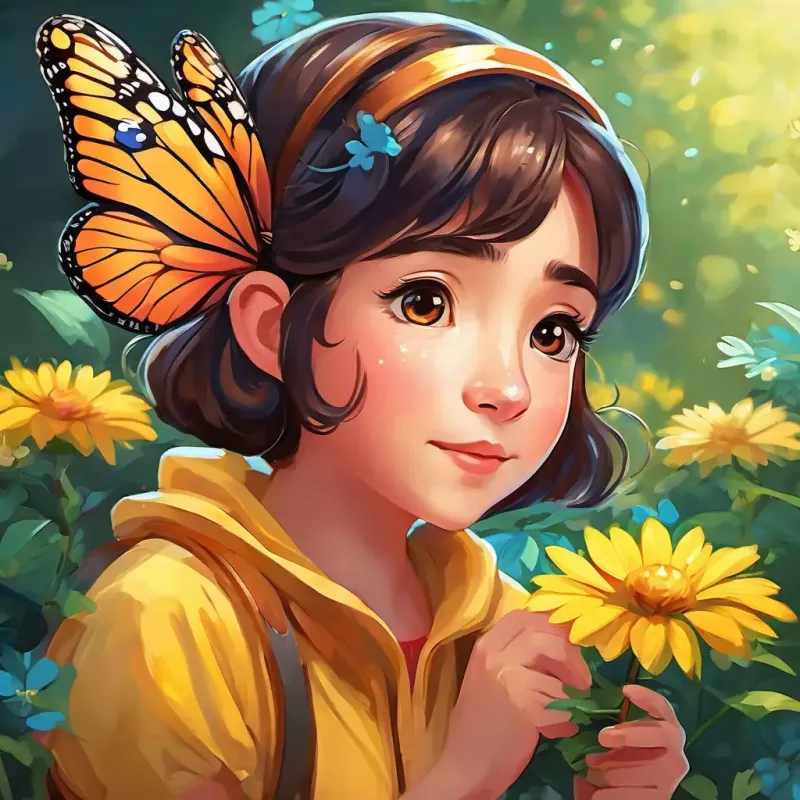 Bella: Lovely butterfly with colorful wings, spreading happiness everywhere she goes comforting the lonely flower with a compassionate expression