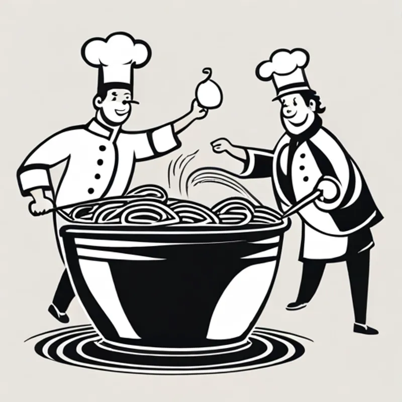 Chefs tossing pasta in a big pot