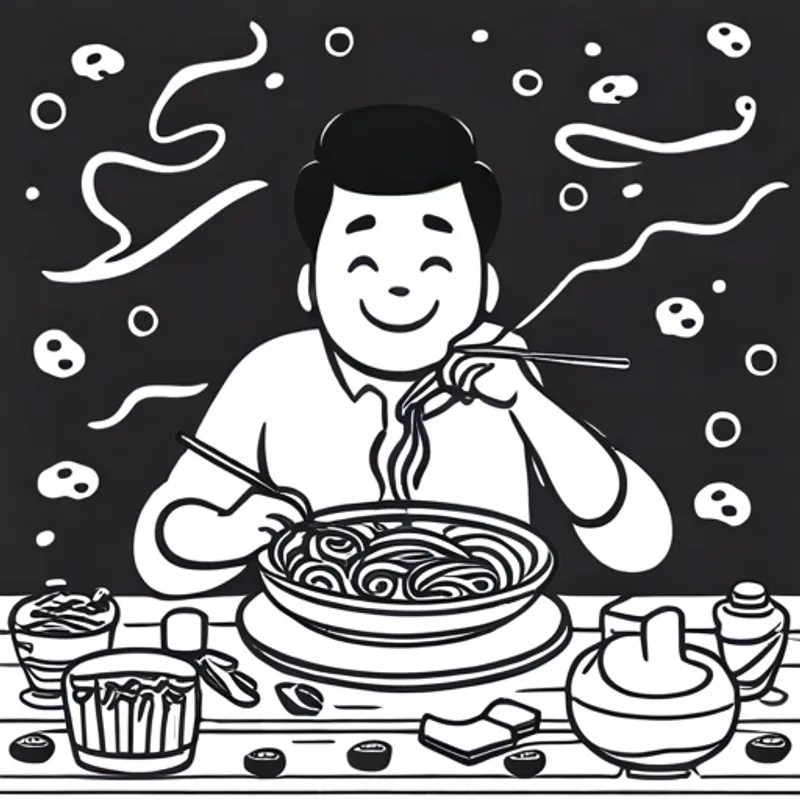 A smiling person eating spaghetti with eyes closed