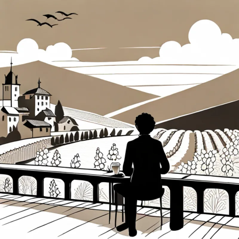 Person sitting on a terrace overlooking vineyards