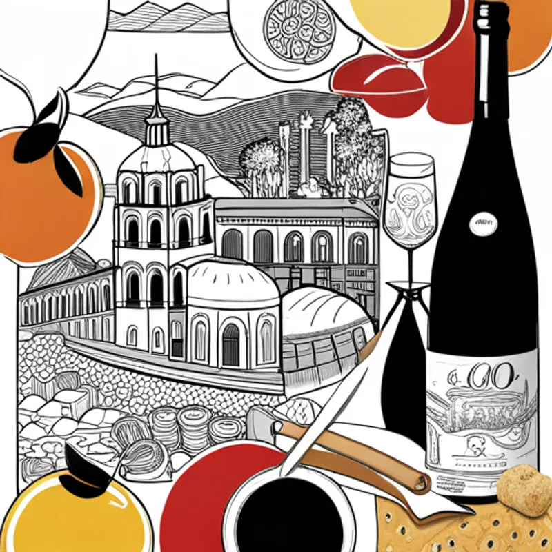 A collage of Italian food, wine, vineyards, and landscapes
