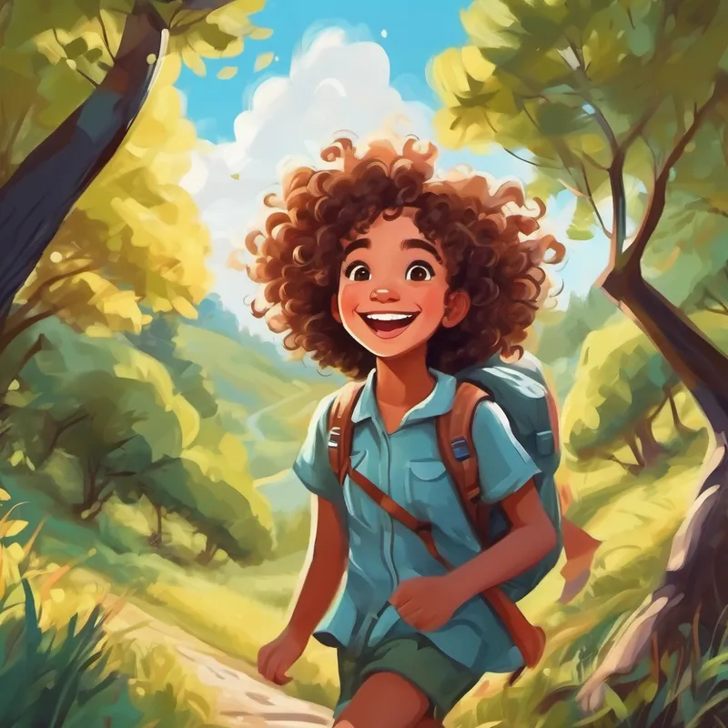 Curly haired girl with a big smile and adventurous spirit. playing in nature, enjoying her adventurous spirit