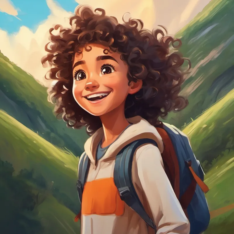 Curly haired girl with a big smile and adventurous spirit. looking up at the tall hill, feeling determined