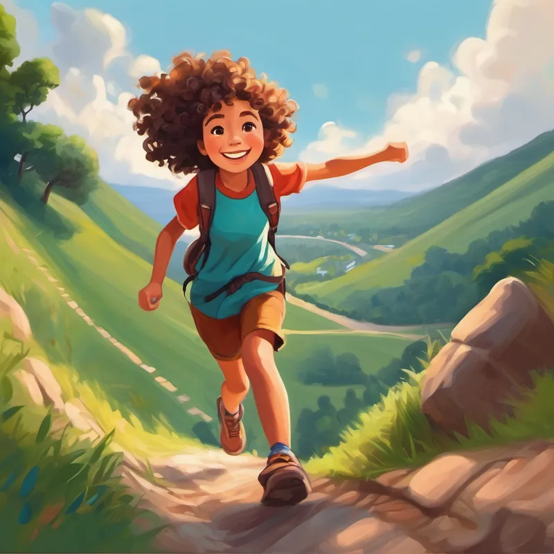Curly haired girl with a big smile and adventurous spirit. climbing the hill, showing determination and perseverance