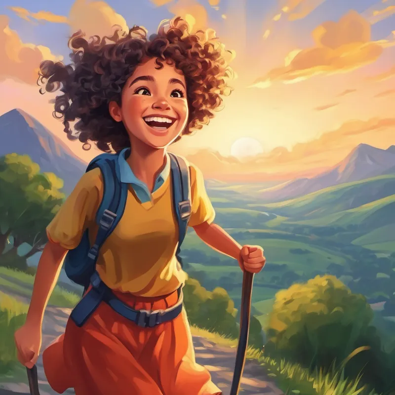 Curly haired girl with a big smile and adventurous spirit. reaching the top of the hill, cheering and celebrating her accomplishment