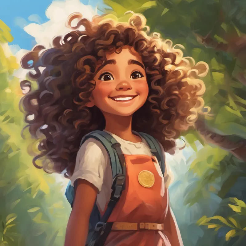 Curly haired girl with a big smile and adventurous spirit. standing confidently, ready to take on new adventures