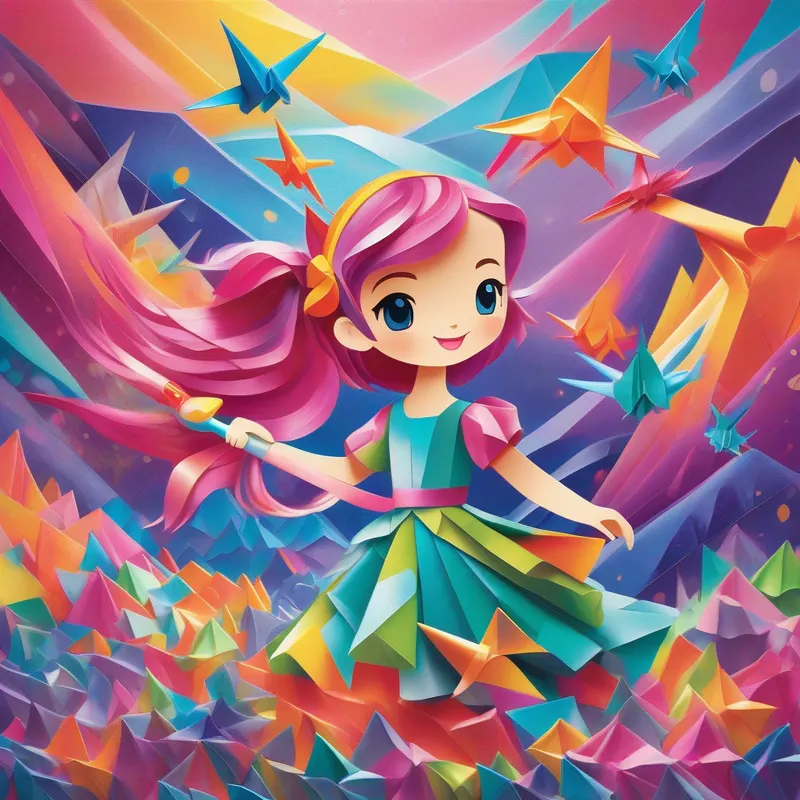A young girl with a sparkly dress and a colorful hairband. and her friends embark on an adventure to find the magical paintbrush.