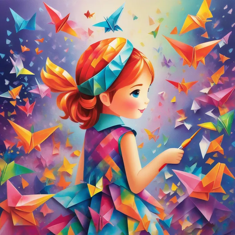 A young girl with a sparkly dress and a colorful hairband. and her friends have an adventurous journey to find the paintbrush.