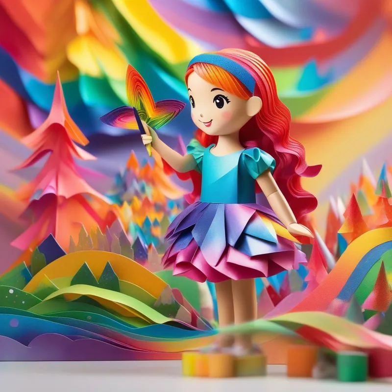 A young girl with a sparkly dress and a colorful hairband. uses the magical paintbrush to restore the colors in Rainbowville.