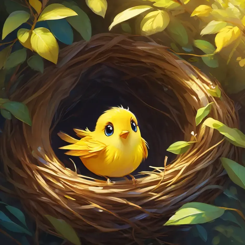 Introducing A petite, yellow bird with bright inquisitive eyes and a curious spirit in her nest, beginning to flutter her wings.