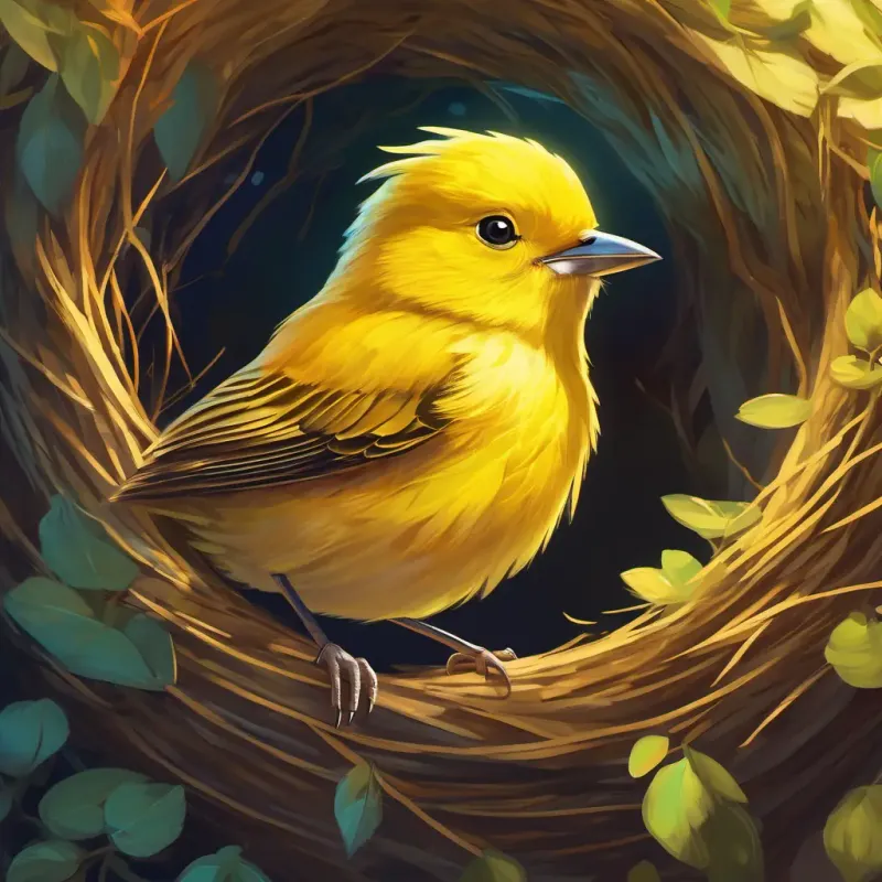 A petite, yellow bird with bright inquisitive eyes and a curious spirit looks out from the nest, seeing how high it is.