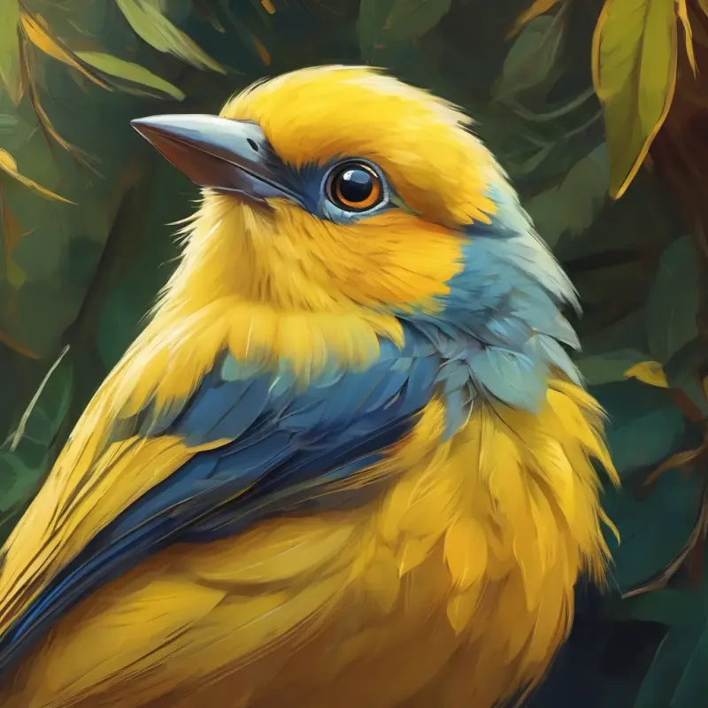 A larger, seasoned bird with caring eyes and a nurturing demeanour encourages A petite, yellow bird with bright inquisitive eyes and a curious spirit despite her nervousness.