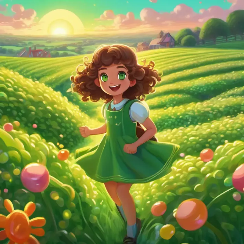 Curly brown hair, twinkling green eyes skipping in the jellybean fields of Lollipopolis, setting the scene and introducing the main character