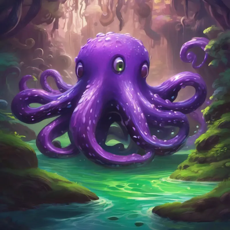 A Giant purple creature, wiggly tentacles causing chaos in the chocolate river, creating a problem for Curly brown hair, twinkling green eyes to solve