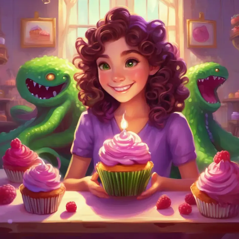 Curly brown hair, twinkling green eyes offering the Giant purple creature, wiggly tentacles a raspberry cupcake and a friendly smile, showing her kind and clever solution
