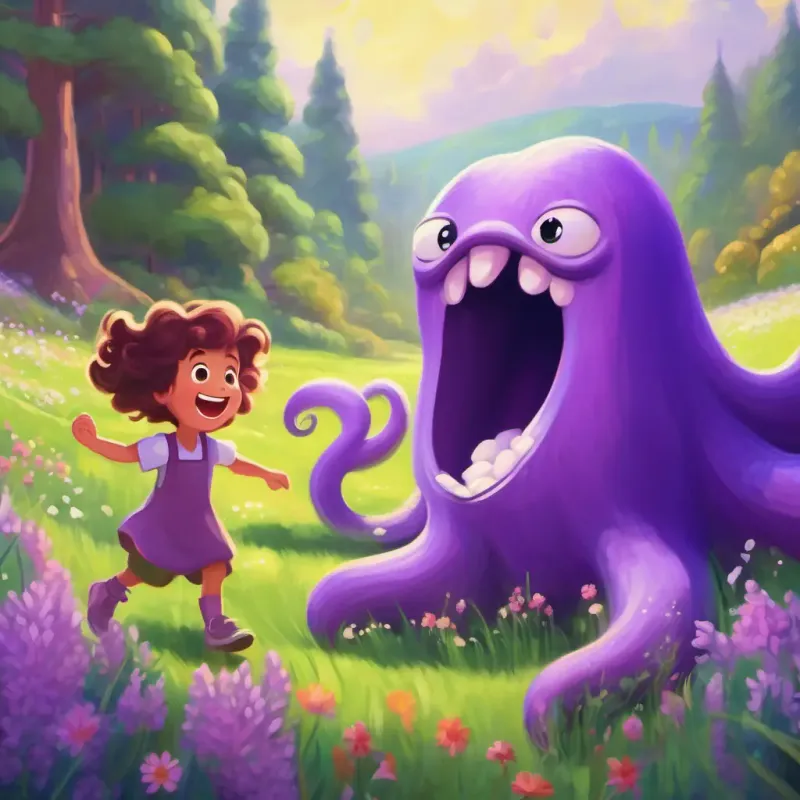 The Giant purple creature, wiggly tentacles giggling with joy and dancing with Curly brown hair, twinkling green eyes in the marshmallow meadow, showing the happy ending