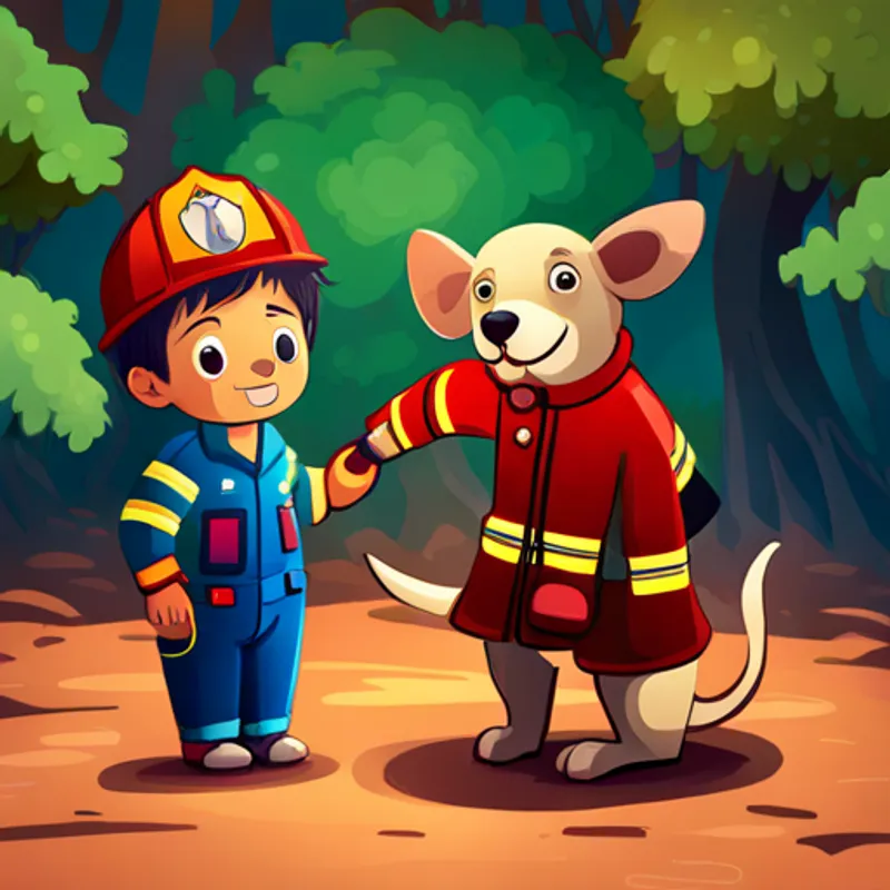 A curious and confident youngster with a firefighter outfit. and A loyal and playful toy dog with a red collar. playing together