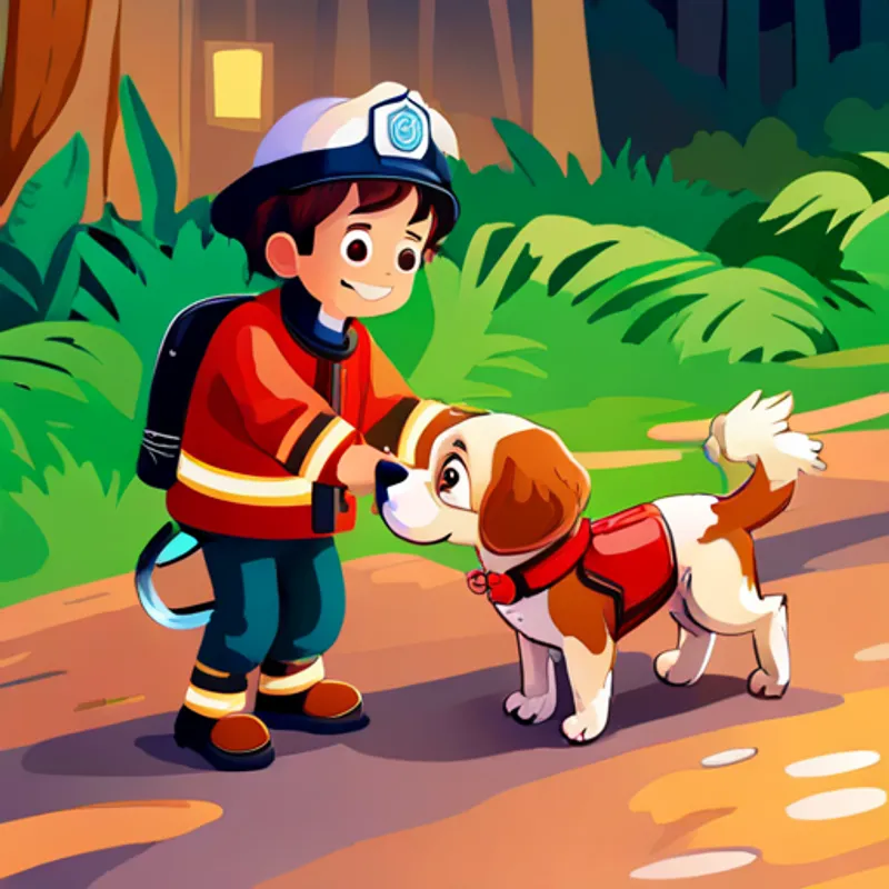 A curious and confident youngster with a firefighter outfit. helping A loyal and playful toy dog with a red collar. cross a stream