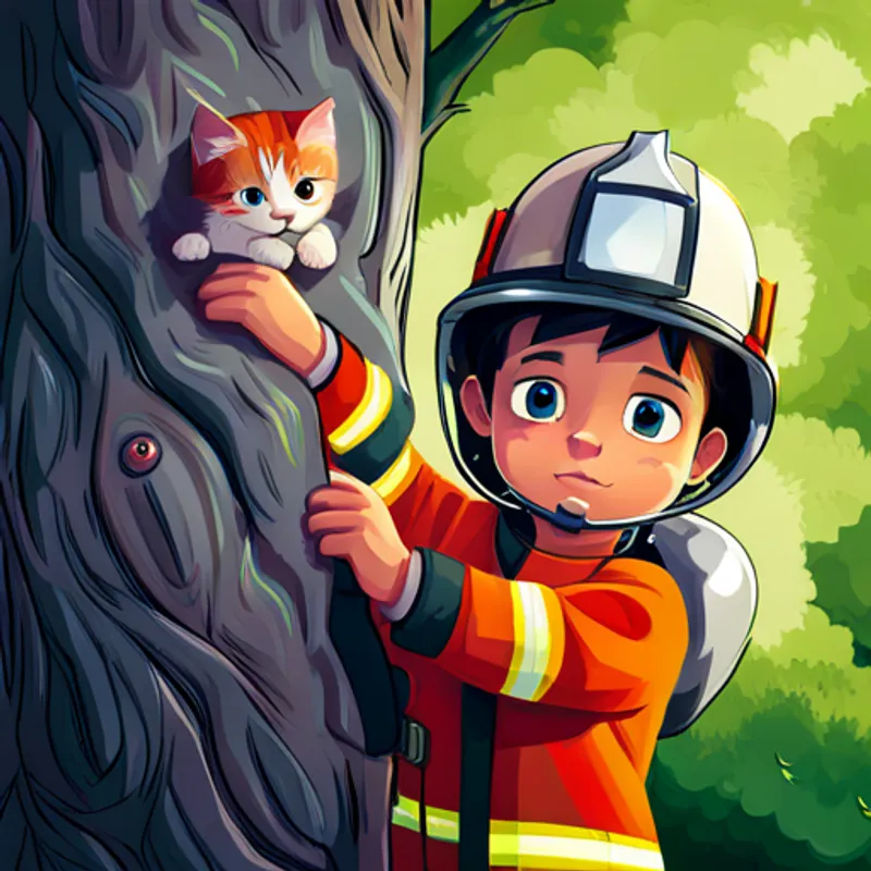 A curious and confident youngster with a firefighter outfit. rescuing a kitten from a tree