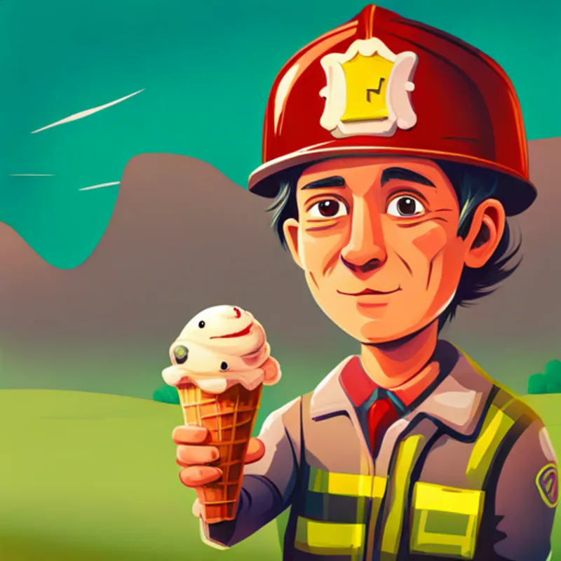 A curious and confident youngster with a firefighter outfit. stacking ice cream cones for the ice cream man