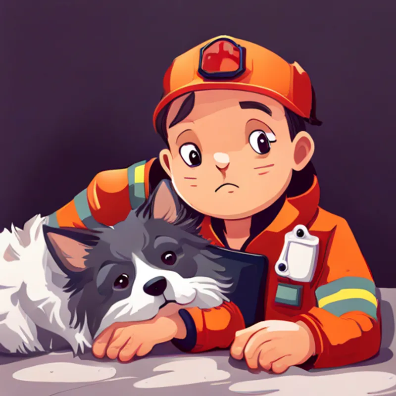 A curious and confident youngster with a firefighter outfit. and A loyal and playful toy dog with a red collar. falling asleep, dreaming about helping