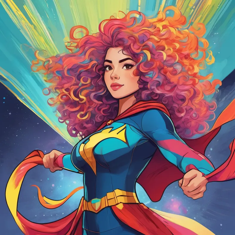 Curly hair with multicolored streaks and a superhero costume standing with her flowing, colorful prehensile hair