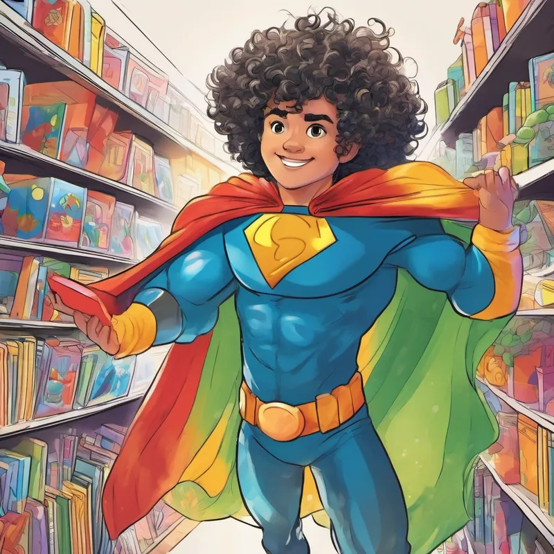 Curly hair with multicolored streaks and a superhero costume's hair reaching out to grab a toy on a shelf