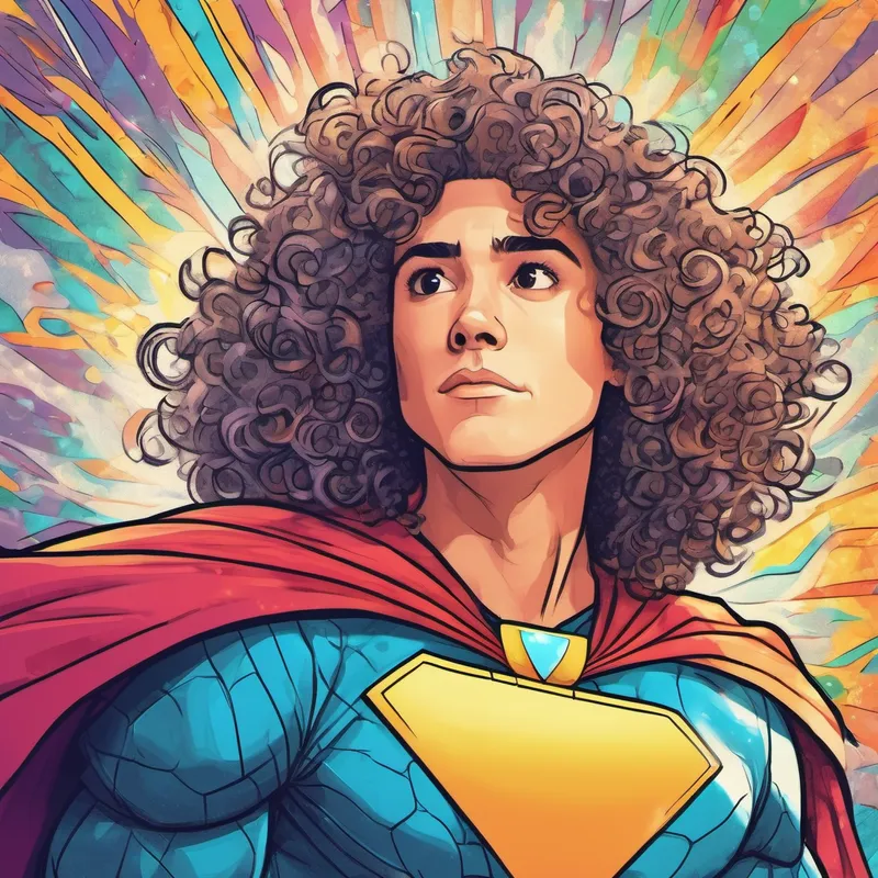 Curly hair with multicolored streaks and a superhero costume caught in a web of lies