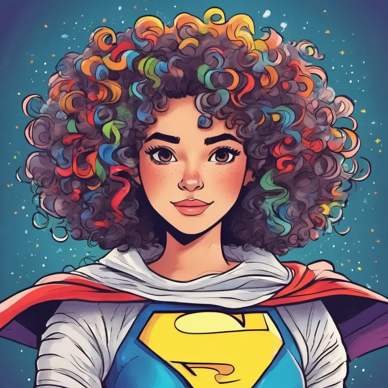 Curly hair with multicolored streaks and a superhero costume with her hair trying to cover up a mistake