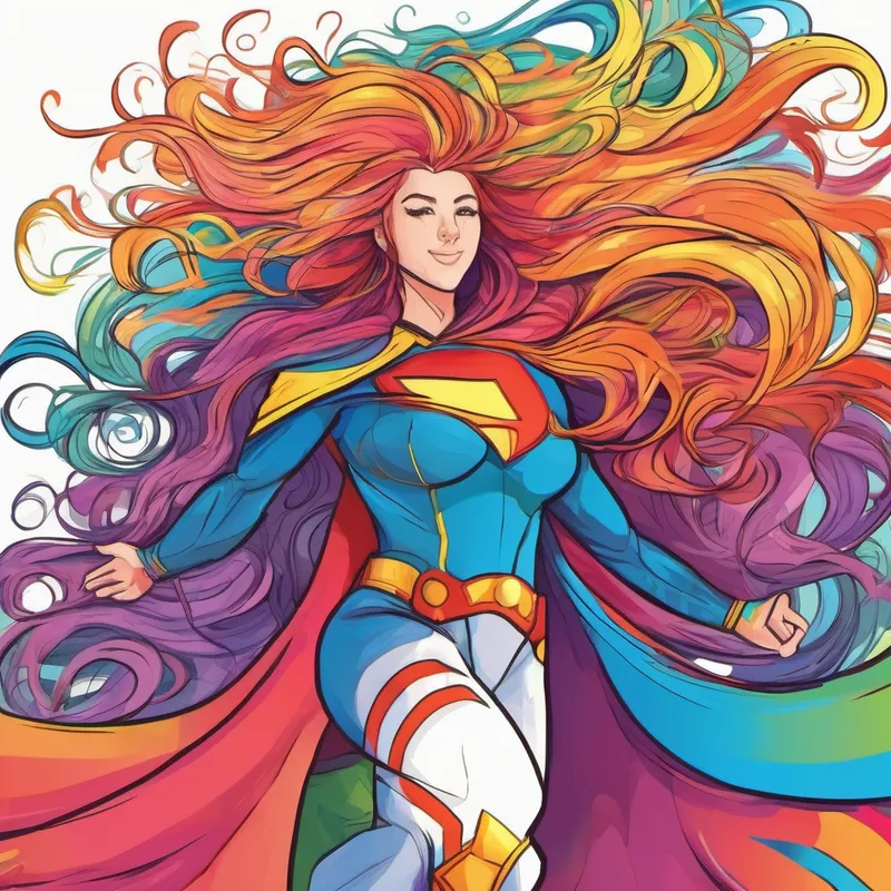 Colorful Long, flowing hair in different vibrant colors coming to Curly hair with multicolored streaks and a superhero costume's aid