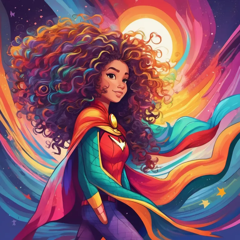 Curly hair with multicolored streaks and a superhero costume with the Long, flowing hair in different vibrant colors teaching her about honesty