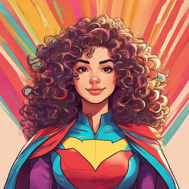 Curly hair with multicolored streaks and a superhero costume with her hand on her heart, promising honesty