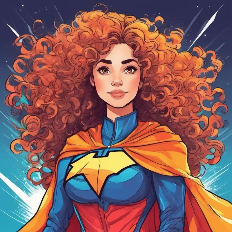 Curly hair with multicolored streaks and a superhero costume and her hair saving the day as heroes
