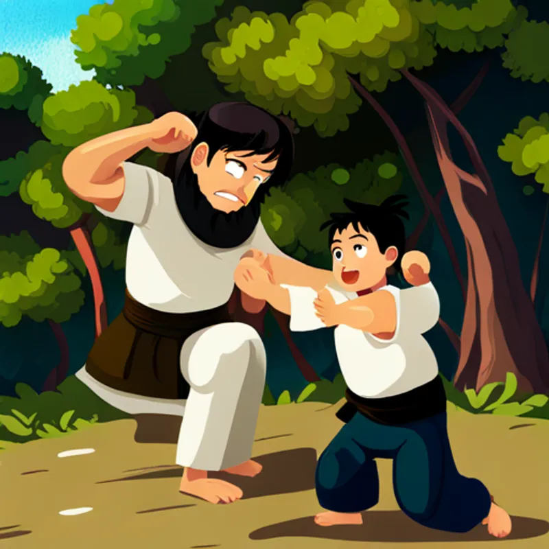 Strong and kind father with black hair teaching his Brave and determined son with brown eyes martial arts