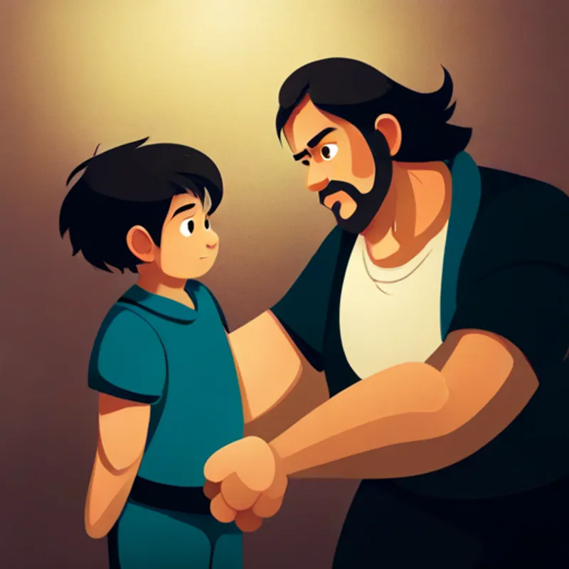 Strong and kind father with black hair explaining the purpose of fighting to his Brave and determined son with brown eyes