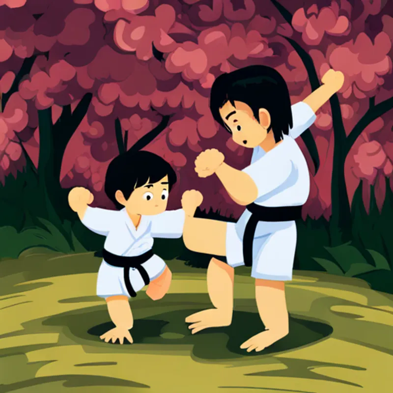 Son and Strong and kind father with black hair practicing martial arts together