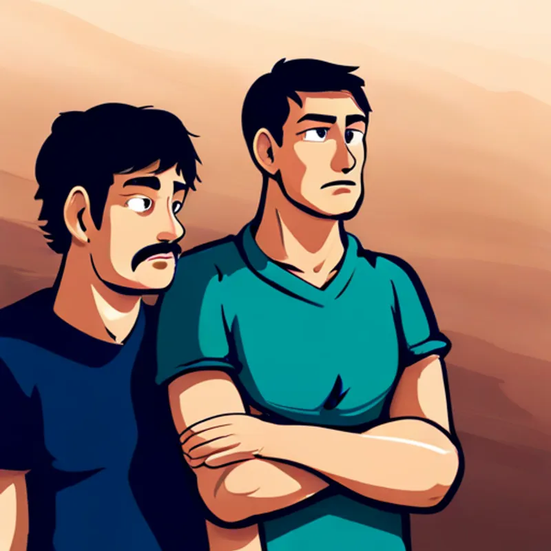 Strong and kind father with black hair and his Brave and determined son with brown eyes hearing someone in distress