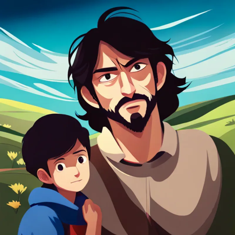 Strong and kind father with black hair and his Brave and determined son with brown eyes celebrated as local heroes
