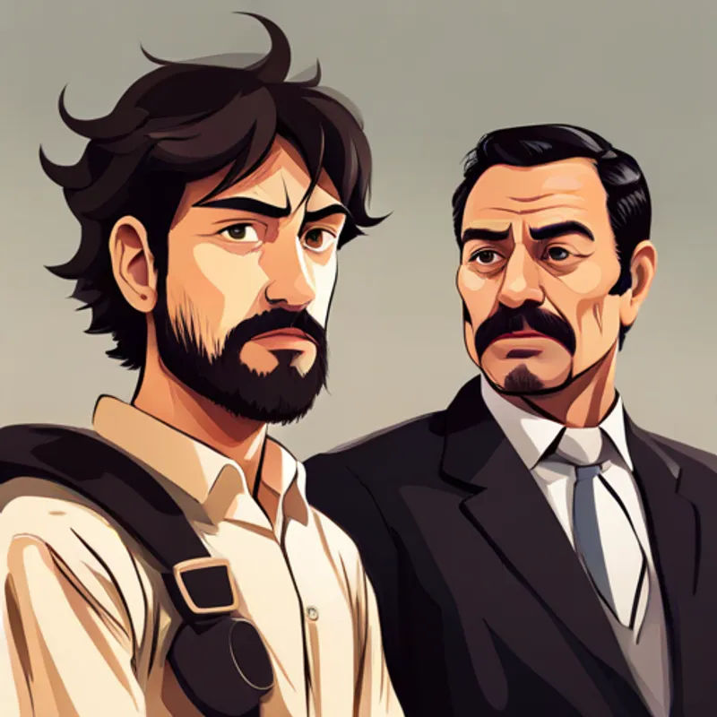 Strong and kind father with black hair and his Brave and determined son with brown eyes advocating for justice and protection